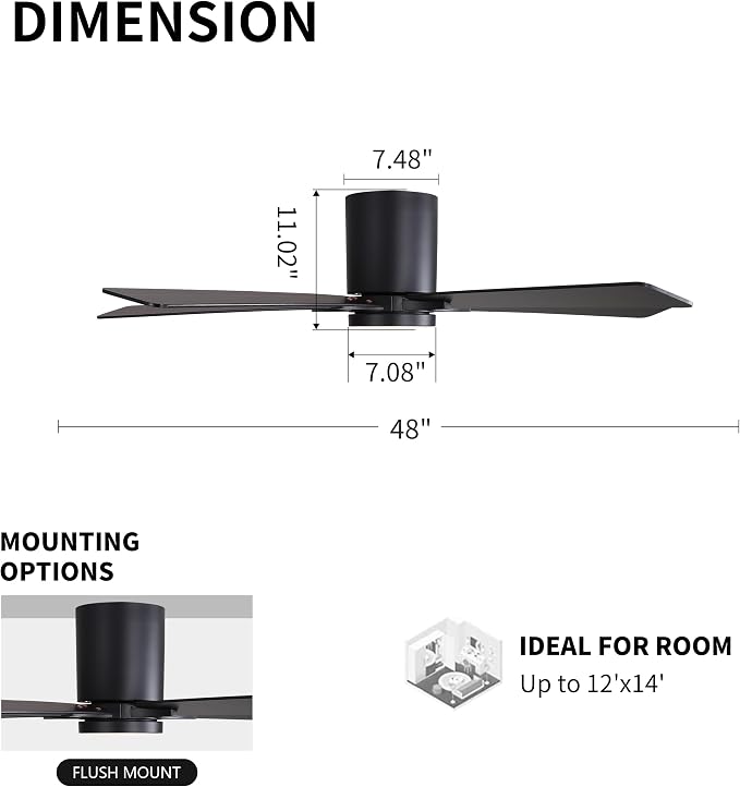 48" DC Flush Mount Ceiling Fan with Lights, 6-Speed Reversible DC Motor, 3CCT, Low Profile Hugger Ceiling Fan for Living Room