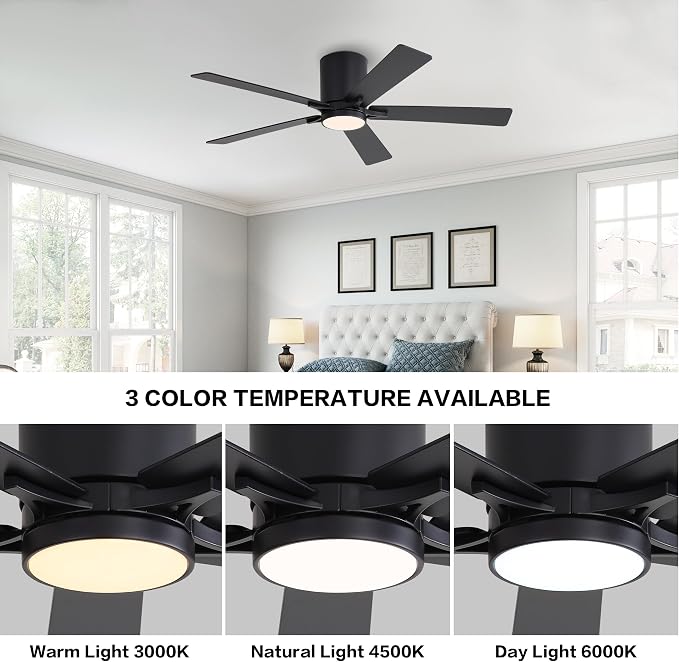 48" DC Flush Mount Ceiling Fan with Lights, 6-Speed Reversible DC Motor, 3CCT, Low Profile Hugger Ceiling Fan for Living Room