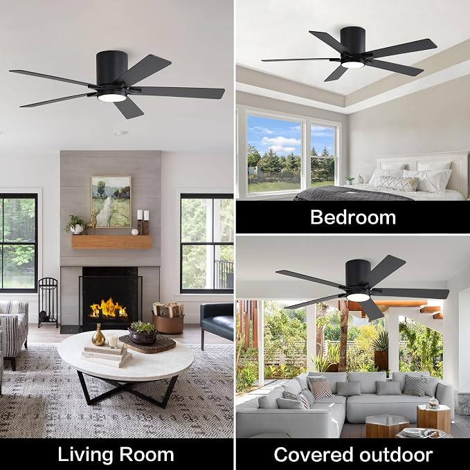 48" DC Flush Mount Ceiling Fan with Lights, 6-Speed Reversible DC Motor, 3CCT, Low Profile Hugger Ceiling Fan for Living Room