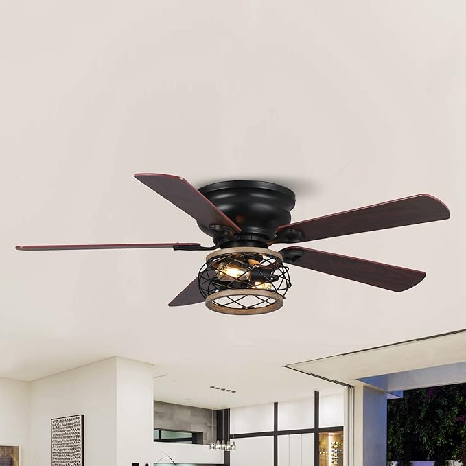 48" Farmhouse Ceiling Fans with Lights, Cage Flush Mount Ceiling Fan with Remote for Bedroom, Living Room, 5 Double Blades