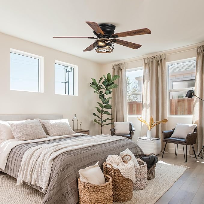 48" Farmhouse Ceiling Fans with Lights, Cage Flush Mount Ceiling Fan with Remote for Bedroom, Living Room, 5 Double Blades