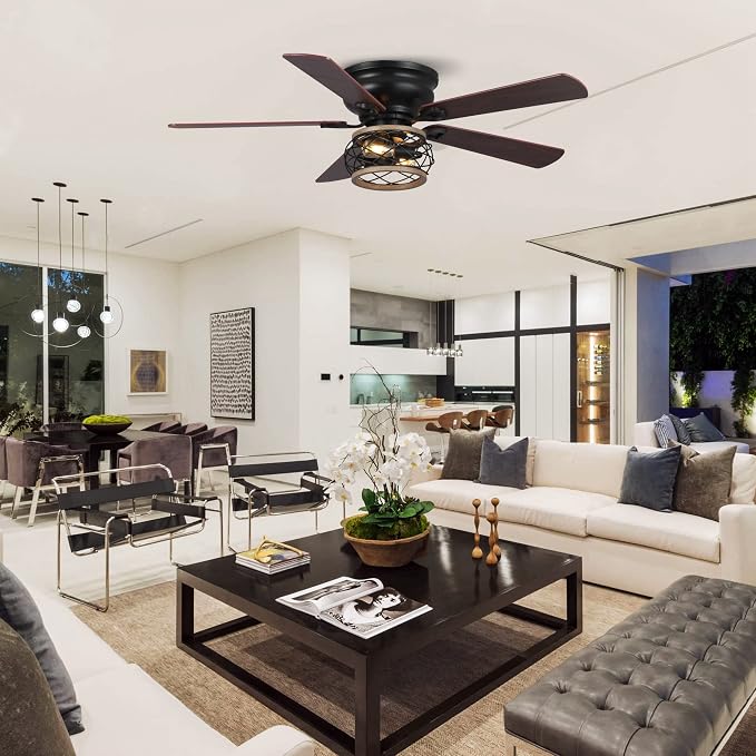 48" Farmhouse Ceiling Fans with Lights, Cage Flush Mount Ceiling Fan with Remote for Bedroom, Living Room, 5 Double Blades