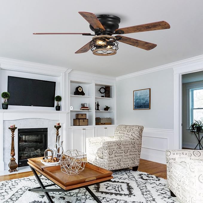 48" Farmhouse Ceiling Fans with Lights, Cage Flush Mount Ceiling Fan with Remote for Bedroom, Living Room, 5 Double Blades