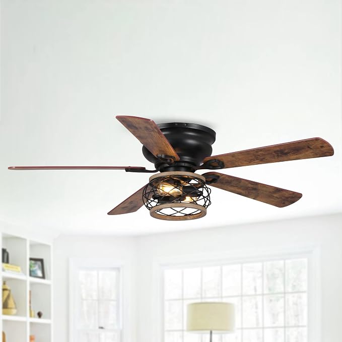 48" Farmhouse Ceiling Fans with Lights, Cage Flush Mount Ceiling Fan with Remote for Bedroom, Living Room, 5 Double Blades