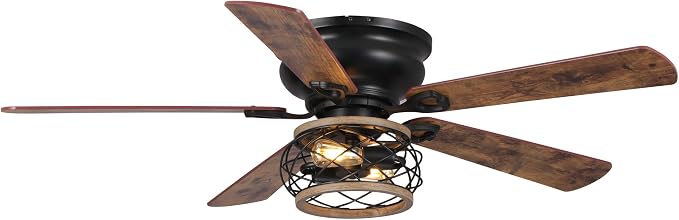 48" Farmhouse Ceiling Fans with Lights, Cage Flush Mount Ceiling Fan with Remote for Bedroom, Living Room, 5 Double Blades