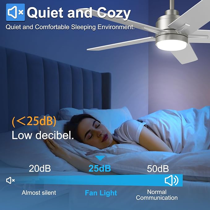 48 Inch Brushed Nickel Ceiling Fan with Light and Remote Control.Noiseless,Dimmable, 3CCT,6 Speeds Reversible, Modern DC