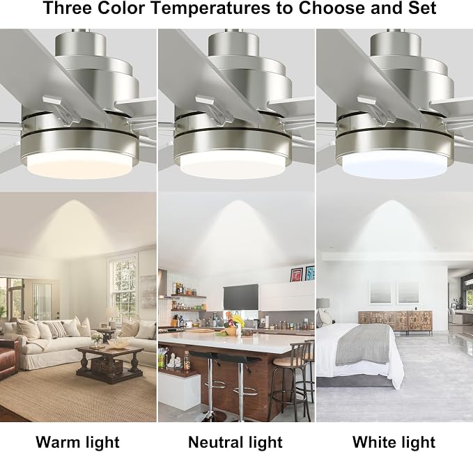 48 Inch Brushed Nickel Ceiling Fan with Light and Remote Control.Noiseless,Dimmable, 3CCT,6 Speeds Reversible, Modern DC