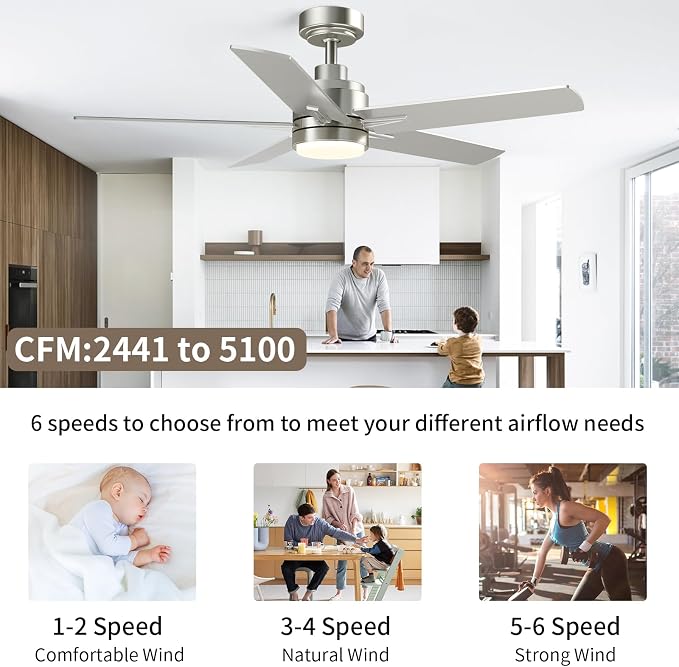 48 Inch Brushed Nickel Ceiling Fan with Light and Remote Control.Noiseless,Dimmable, 3CCT,6 Speeds Reversible, Modern DC