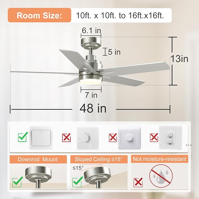 48 Inch Brushed Nickel Ceiling Fan with Light and Remote Control.Noiseless,Dimmable, 3CCT,6 Speeds Reversible, Modern DC