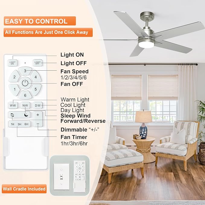 48 Inch Brushed Nickel Ceiling Fan with Light and Remote Control.Noiseless,Dimmable, 3CCT,6 Speeds Reversible, Modern DC