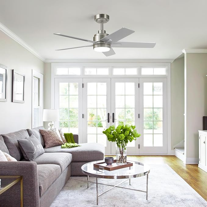 48 Inch Brushed Nickel Ceiling Fan with Light and Remote Control.Noiseless,Dimmable, 3CCT,6 Speeds Reversible, Modern DC