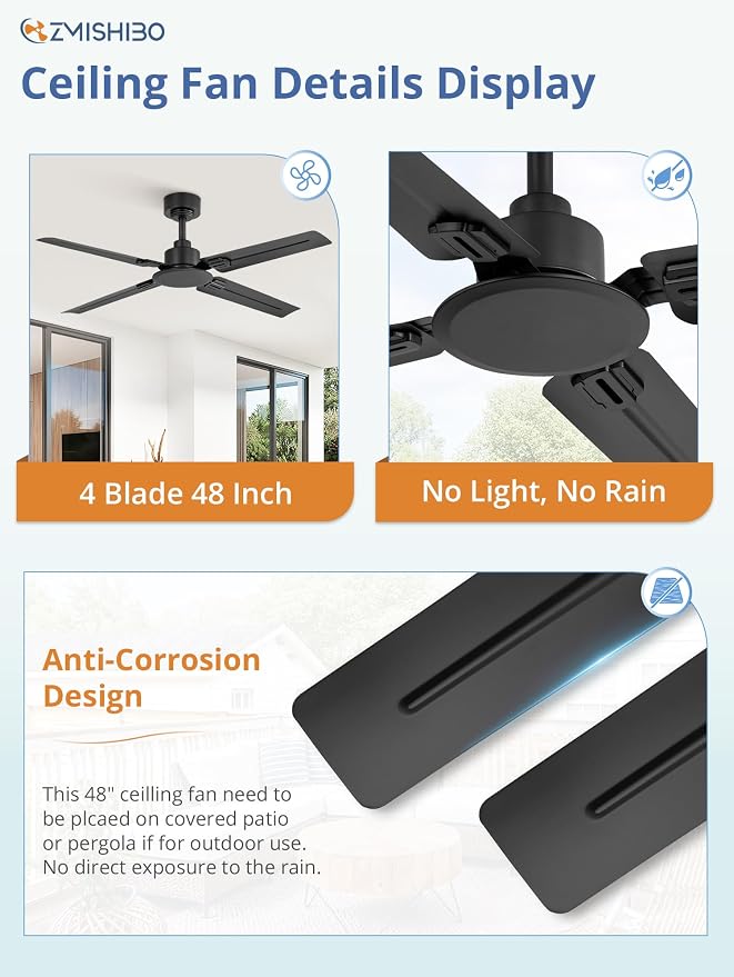 48 Inch Ceiling Fan No Light with Remote, Industrial Metal Ceiling Fans without Lights, 6-Speed Reversible, Quiet DC Motor