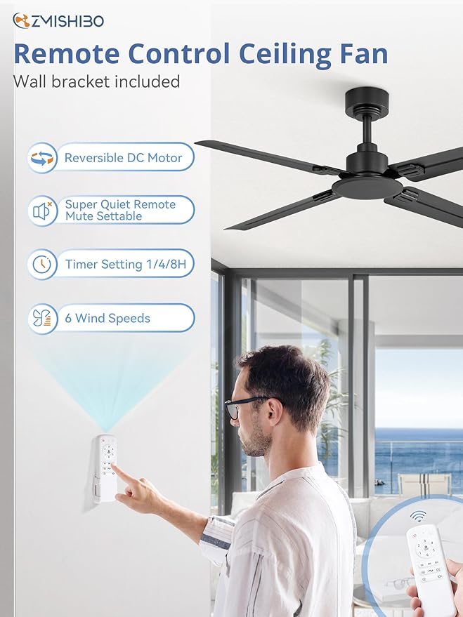 48 Inch Ceiling Fan No Light with Remote, Industrial Metal Ceiling Fans without Lights, 6-Speed Reversible, Quiet DC Motor