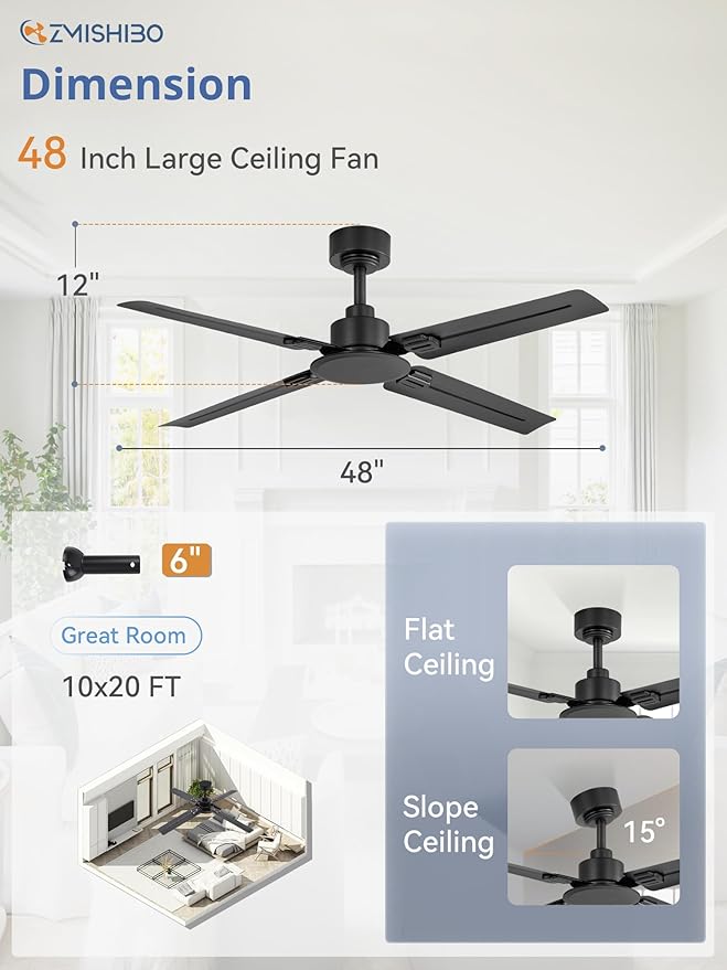 48 Inch Ceiling Fan No Light with Remote, Industrial Metal Ceiling Fans without Lights, 6-Speed Reversible, Quiet DC Motor