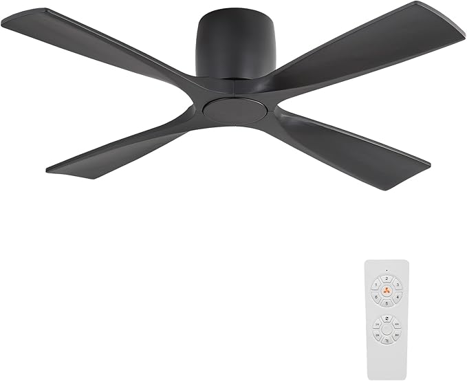 48 Inch Ceiling Fan Without Light,Solid Wood Flush Mount Ceiling Fan with Remote Control, Reversible DC Motor, 4 Blades