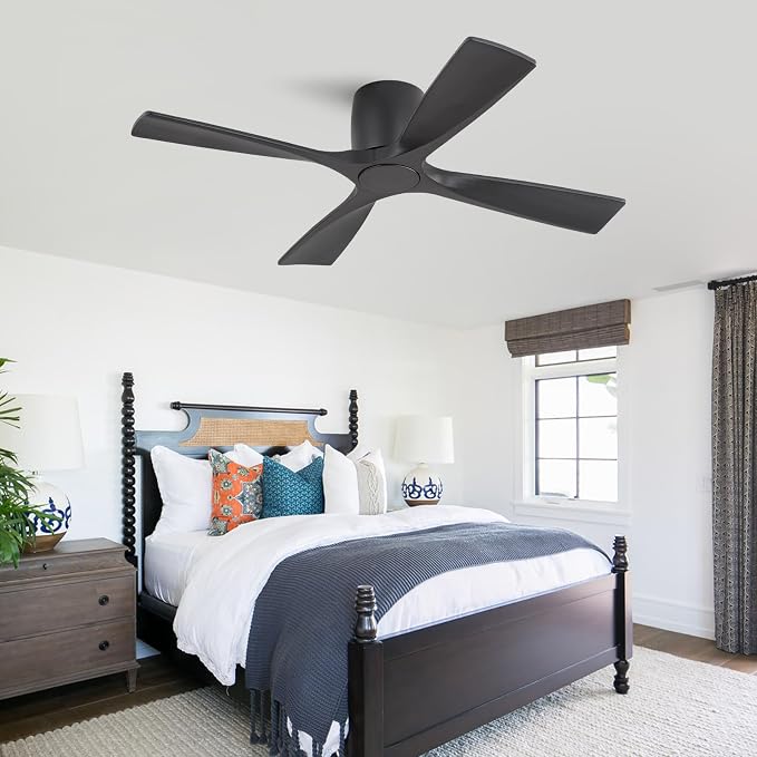 48 Inch Ceiling Fan Without Light,Solid Wood Flush Mount Ceiling Fan with Remote Control, Reversible DC Motor, 4 Blades