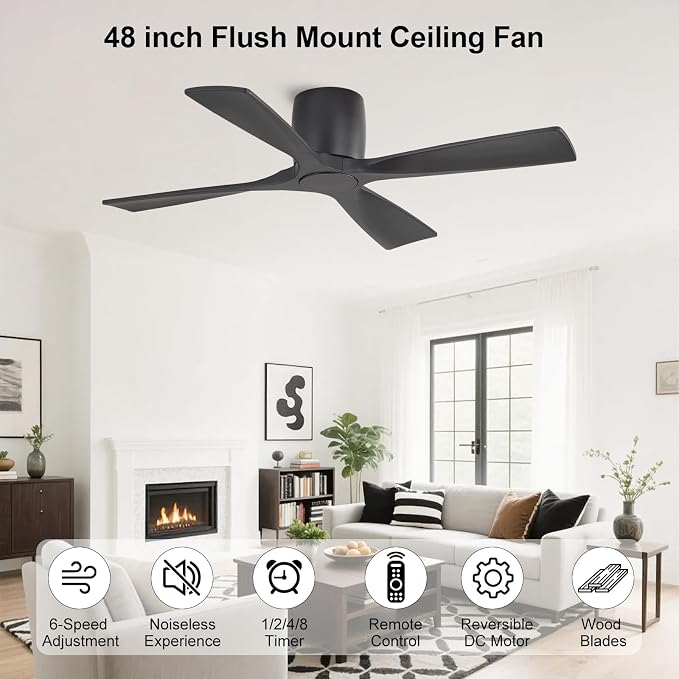 48 Inch Ceiling Fan Without Light,Solid Wood Flush Mount Ceiling Fan with Remote Control, Reversible DC Motor, 4 Blades