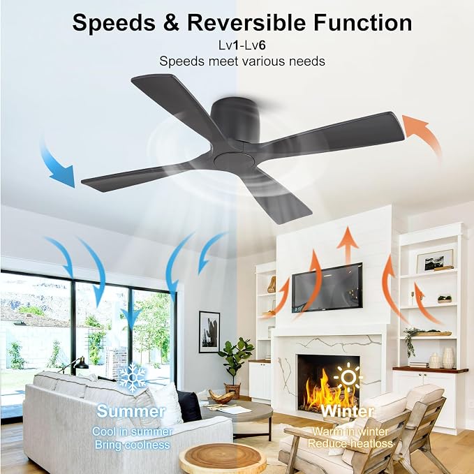 48 Inch Ceiling Fan Without Light,Solid Wood Flush Mount Ceiling Fan with Remote Control, Reversible DC Motor, 4 Blades