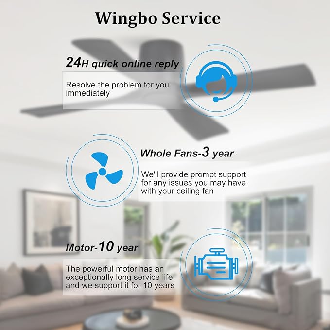 48 Inch Ceiling Fan Without Light,Solid Wood Flush Mount Ceiling Fan with Remote Control, Reversible DC Motor, 4 Blades