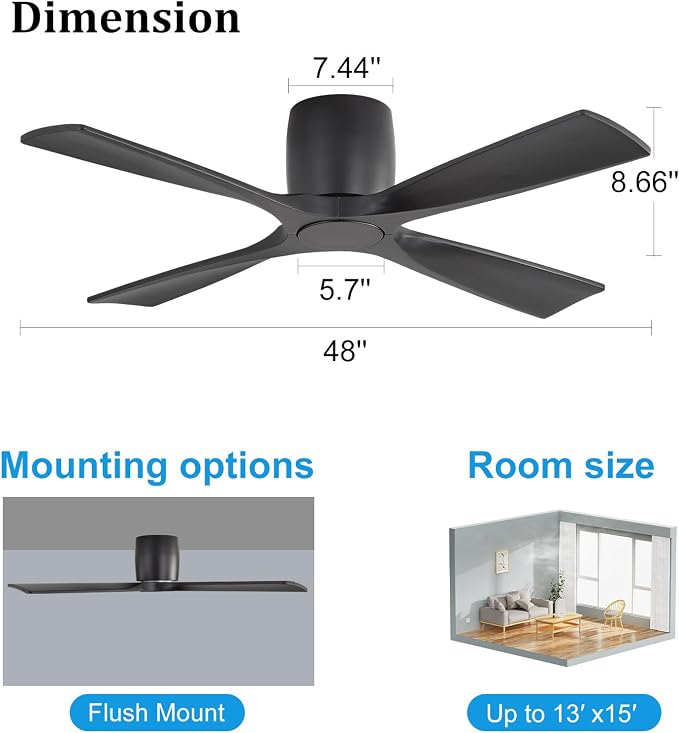 48 Inch Ceiling Fan Without Light,Solid Wood Flush Mount Ceiling Fan with Remote Control, Reversible DC Motor, 4 Blades