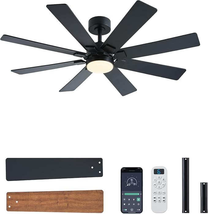 48 Inch Ceiling Fans with Lights and Remote/APP Control, Low Profile Ceiling Fan, 8 Blades,LED Dimmable, Reversible DC Motor
