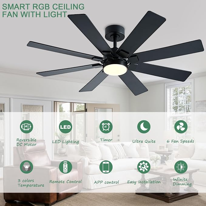 48 Inch Ceiling Fans with Lights and Remote/APP Control, Low Profile Ceiling Fan, 8 Blades,LED Dimmable, Reversible DC Motor