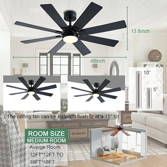 48 Inch Ceiling Fans with Lights and Remote/APP Control, Low Profile Ceiling Fan, 8 Blades,LED Dimmable, Reversible DC Motor