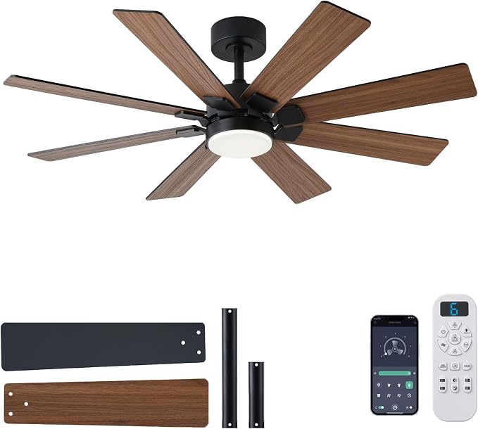 48 Inch Ceiling Fans with Lights and Remote/APP Control, Low Profile Ceiling Fan, 8 Blades,LED Dimmable, Reversible DC Motor