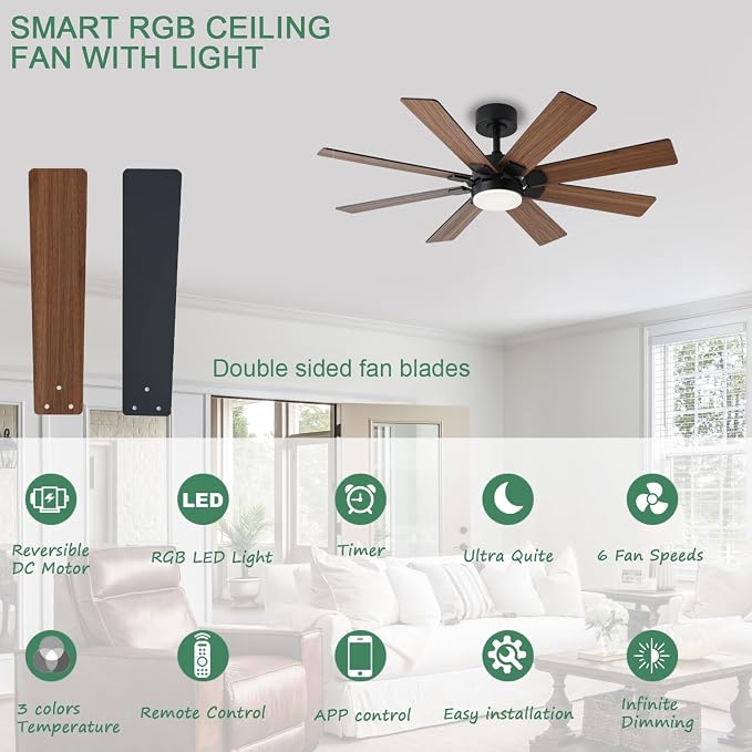 48 Inch Ceiling Fans with Lights and Remote/APP Control, Low Profile Ceiling Fan, 8 Blades,LED Dimmable, Reversible DC Motor