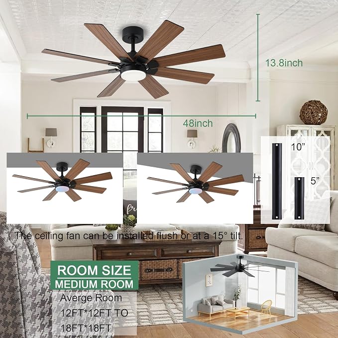 48 Inch Ceiling Fans with Lights and Remote/APP Control, Low Profile Ceiling Fan, 8 Blades,LED Dimmable, Reversible DC Motor
