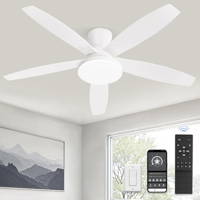 48 inch Ceiling Fans with Lights and Remote/APP Control,White Low Profile Ceiling Fan with Light,Quiet DC Motor,LED Dimmable