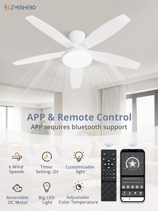 48 inch Ceiling Fans with Lights and Remote/APP Control,White Low Profile Ceiling Fan with Light,Quiet DC Motor,LED Dimmable