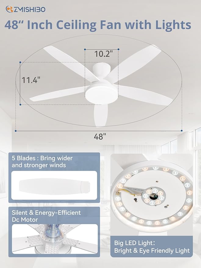 48 inch Ceiling Fans with Lights and Remote/APP Control,White Low Profile Ceiling Fan with Light,Quiet DC Motor,LED Dimmable