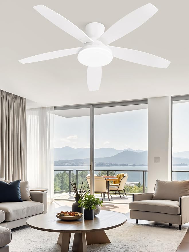 48 inch Ceiling Fans with Lights and Remote/APP Control,White Low Profile Ceiling Fan with Light,Quiet DC Motor,LED Dimmable