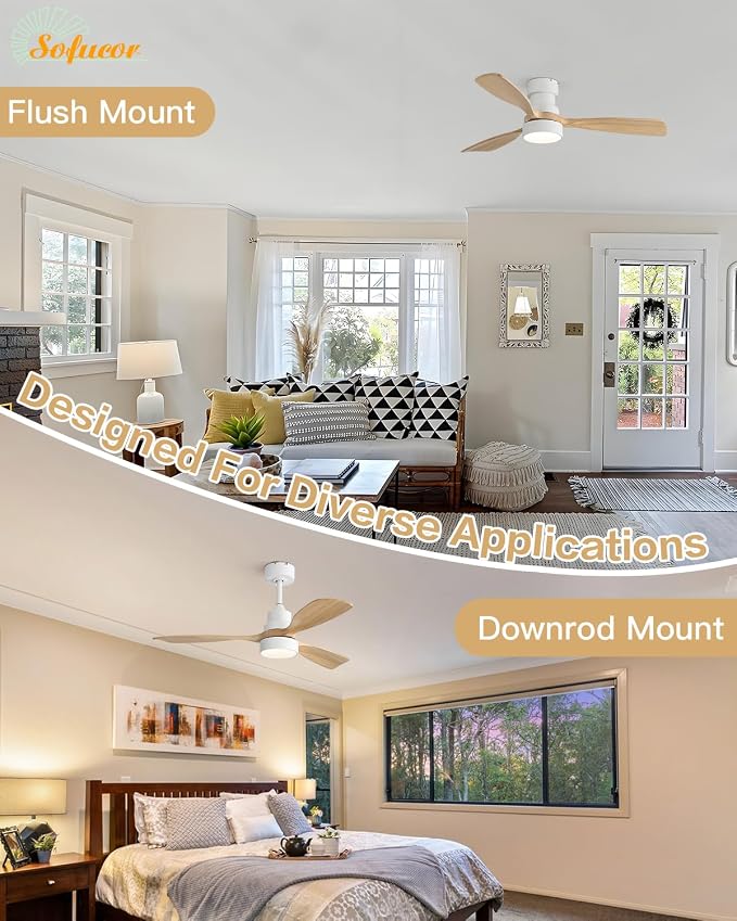 48 Inch Ceiling Fans with Lights and Remote Control-Modern Flush Mount&Downrod Mount Ceiling Fan for Bedroom Living Room