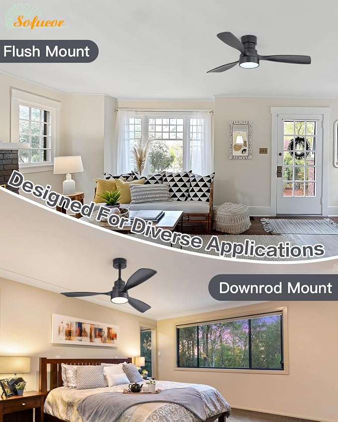48 Inch Ceiling Fans with Lights and Remote Control-Modern Flush Mount & Downrod Mount Ceiling Fan for Bedroom Living Room