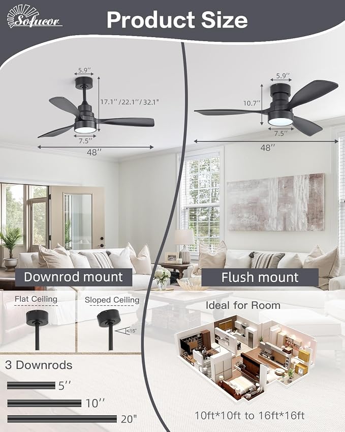 48 Inch Ceiling Fans with Lights and Remote Control-Modern Flush Mount & Downrod Mount Ceiling Fan for Bedroom Living Room