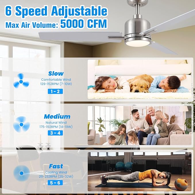 48 Inch Ceiling Fans with Lights Remote, Brushed Nickel Ceiling Fans Dimmable 3 Color Temperature, Timer, 3 Blades, 6 Speed