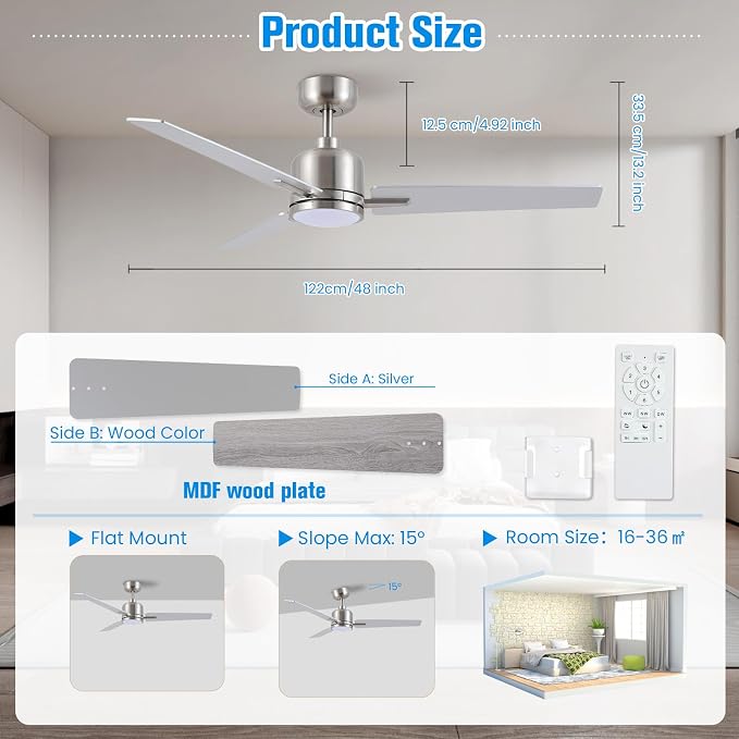 48 Inch Ceiling Fans with Lights Remote, Brushed Nickel Ceiling Fans Dimmable 3 Color Temperature, Timer, 3 Blades, 6 Speed