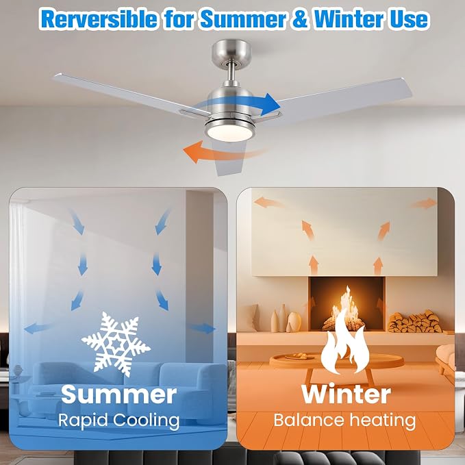 48 Inch Ceiling Fans with Lights Remote, Brushed Nickel Ceiling Fans Dimmable 3 Color Temperature, Timer, 3 Blades, 6 Speed