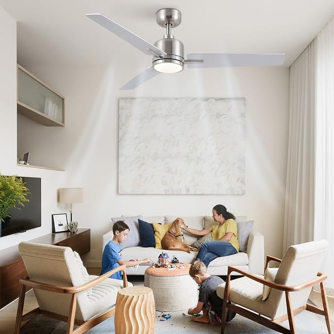 48 Inch Ceiling Fans with Lights Remote, Brushed Nickel Ceiling Fans Dimmable 3 Color Temperature, Timer, 3 Blades, 6 Speed