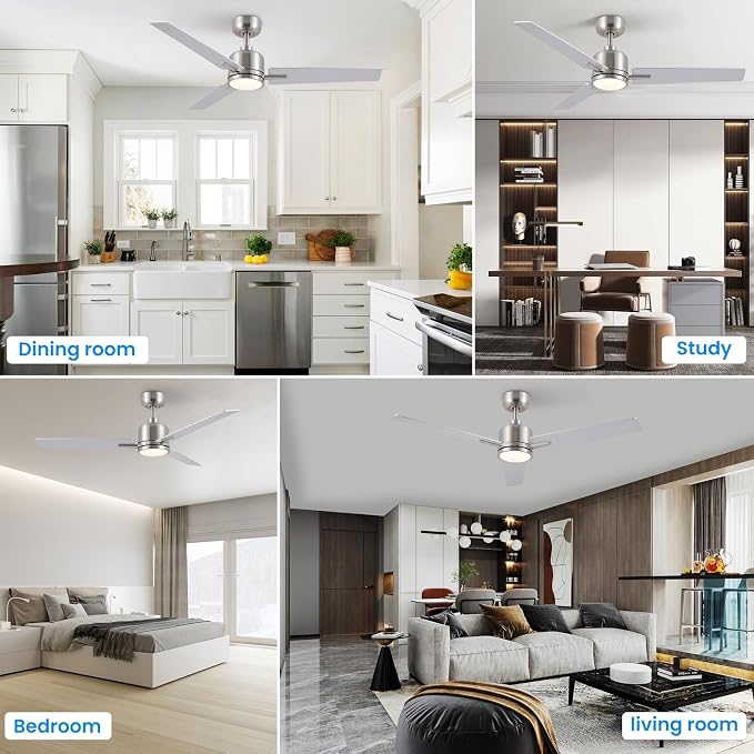 48 Inch Ceiling Fans with Lights Remote, Brushed Nickel Ceiling Fans Dimmable 3 Color Temperature, Timer, 3 Blades, 6 Speed