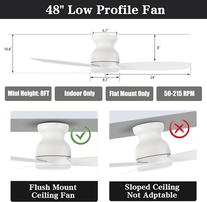 48 Inch Flush Mount Ceiling Fan No Light with Remote Control, 3 Blades Quiet DC Reversible Motor, 10-Speed, alternate view 6