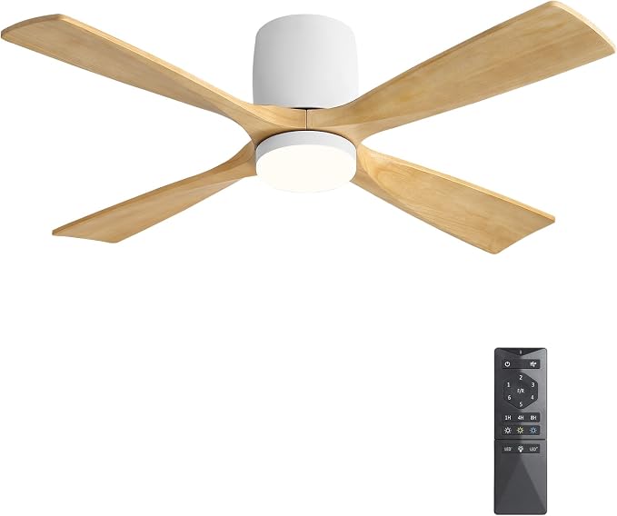 48 inch Flush Mount Ceiling Fan with Lights,Modern Ceiling Fan with Remote,Hugger Ceiling Fans, 4 Wood Blades, Quiet 6-Speed