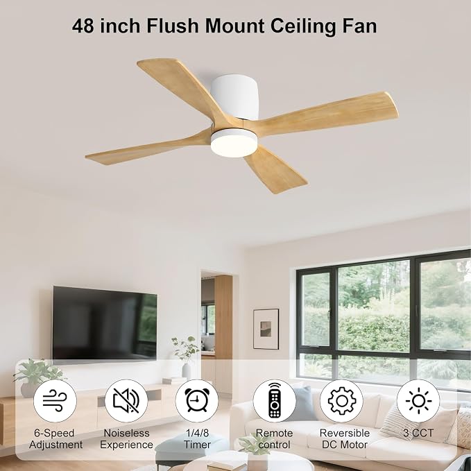 48 inch Flush Mount Ceiling Fan with Lights,Modern Ceiling Fan with Remote,Hugger Ceiling Fans, 4 Wood Blades, Quiet 6-Speed