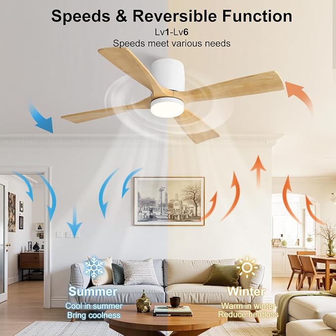 48 inch Flush Mount Ceiling Fan with Lights,Modern Ceiling Fan with Remote,Hugger Ceiling Fans, 4 Wood Blades, Quiet 6-Speed
