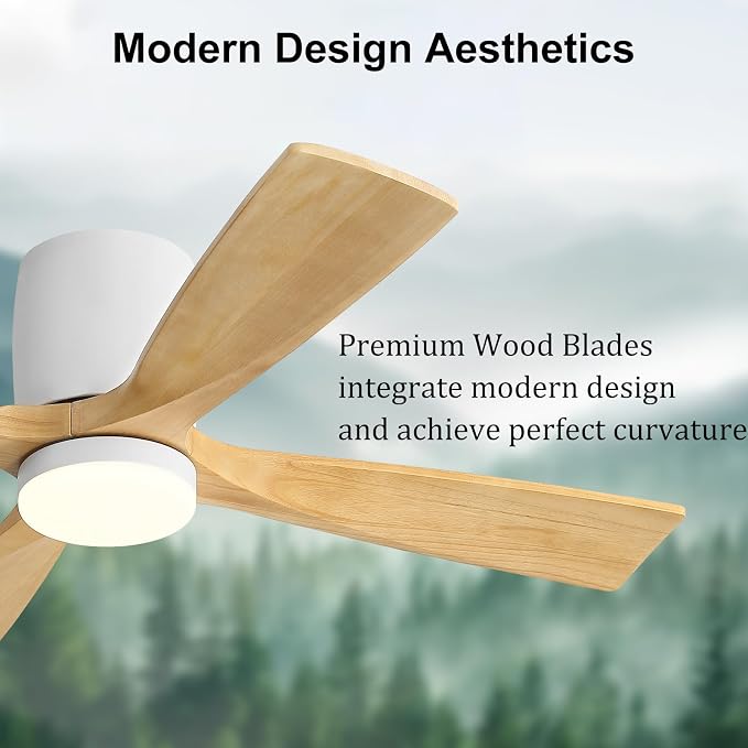 48 inch Flush Mount Ceiling Fan with Lights,Modern Ceiling Fan with Remote,Hugger Ceiling Fans, 4 Wood Blades, Quiet 6-Speed
