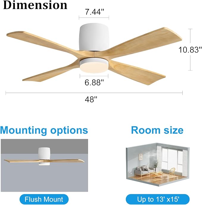 48 inch Flush Mount Ceiling Fan with Lights,Modern Ceiling Fan with Remote,Hugger Ceiling Fans, 4 Wood Blades, Quiet 6-Speed