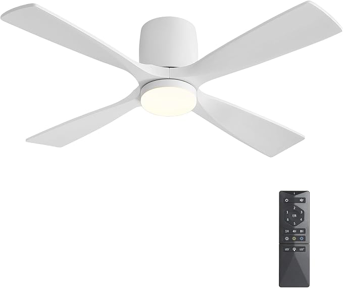 48 inch Flush Mount Ceiling Fan with Lights,Modern Ceiling Fan with Remote,Hugger Ceiling Fans, 4 Wood Blades, Quiet 6-Speed