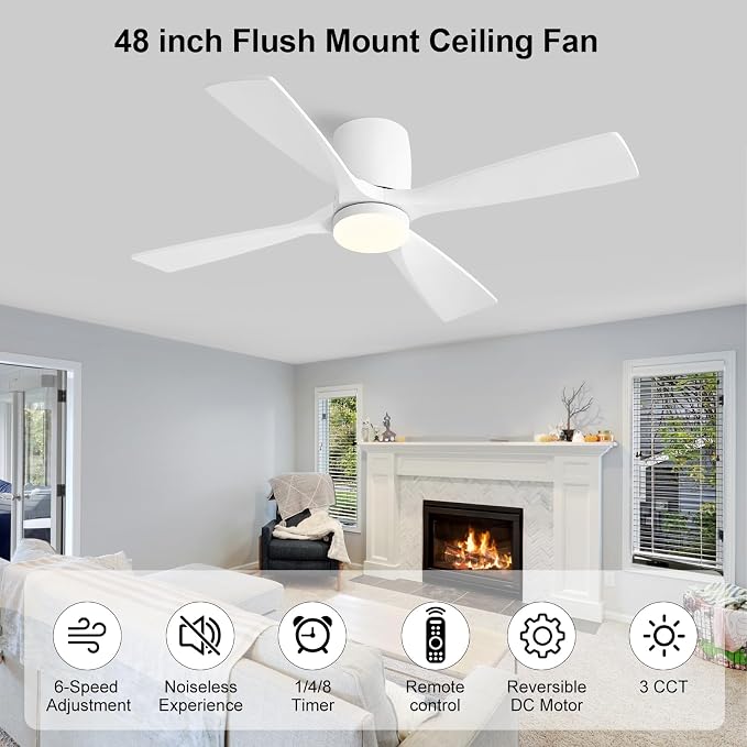 48 inch Flush Mount Ceiling Fan with Lights,Modern Ceiling Fan with Remote,Hugger Ceiling Fans, 4 Wood Blades, Quiet 6-Speed